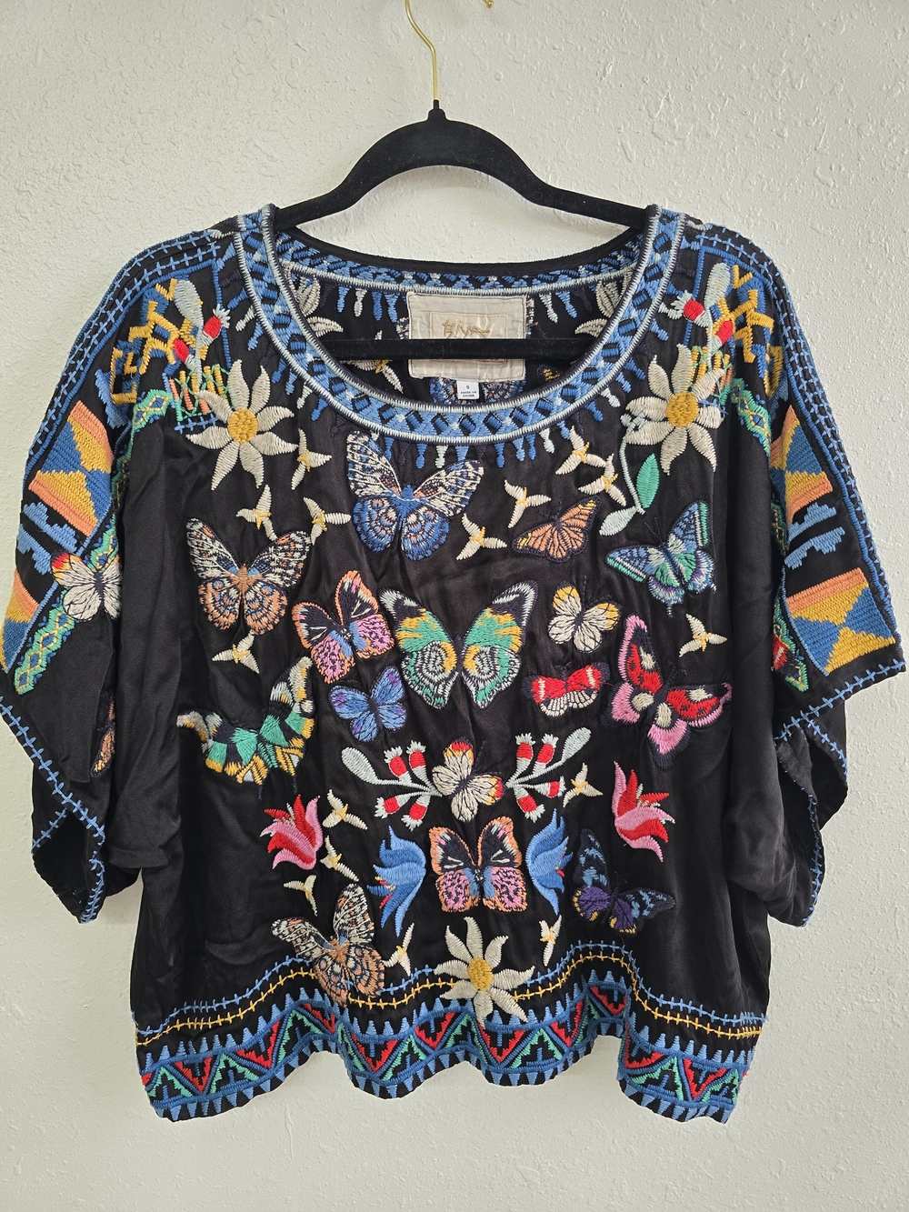Johnny Was BIYA Butterfly Embroidered Black Rayon Blouse Size S Boho
